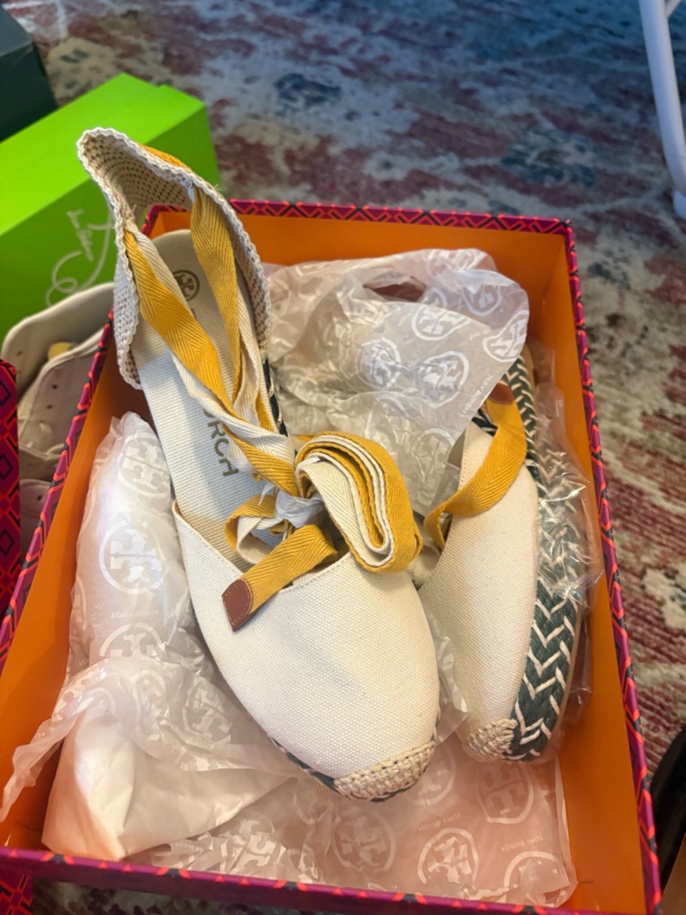 NWT Tory Burch Cream Canvas Espadrilles with Yellow Ribbon Tie